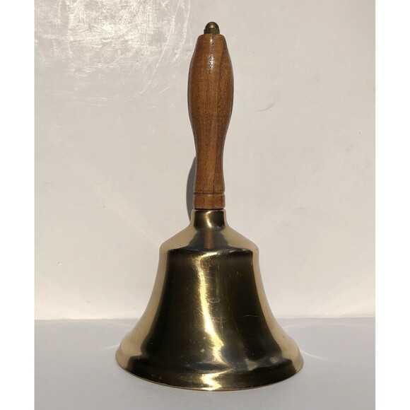 Vintage 8 1/2” Brass Bell With Wooden Handle 5" Diameter Hand Size Table/Desk - Picture 6 of 9